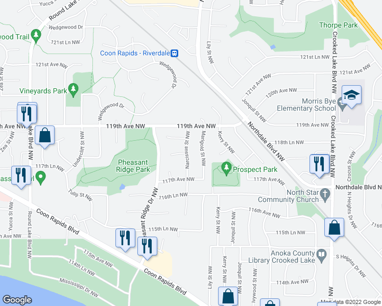 map of restaurants, bars, coffee shops, grocery stores, and more near 11809 Narcissus Street Northwest in Coon Rapids