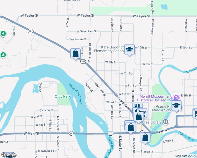 map of restaurants, bars, coffee shops, grocery stores, and more near 601 Wisconsin Street in Merrill