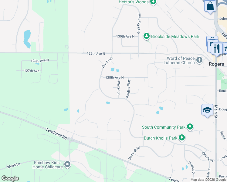 map of restaurants, bars, coffee shops, grocery stores, and more near 12652 Elm Parkway in Rogers