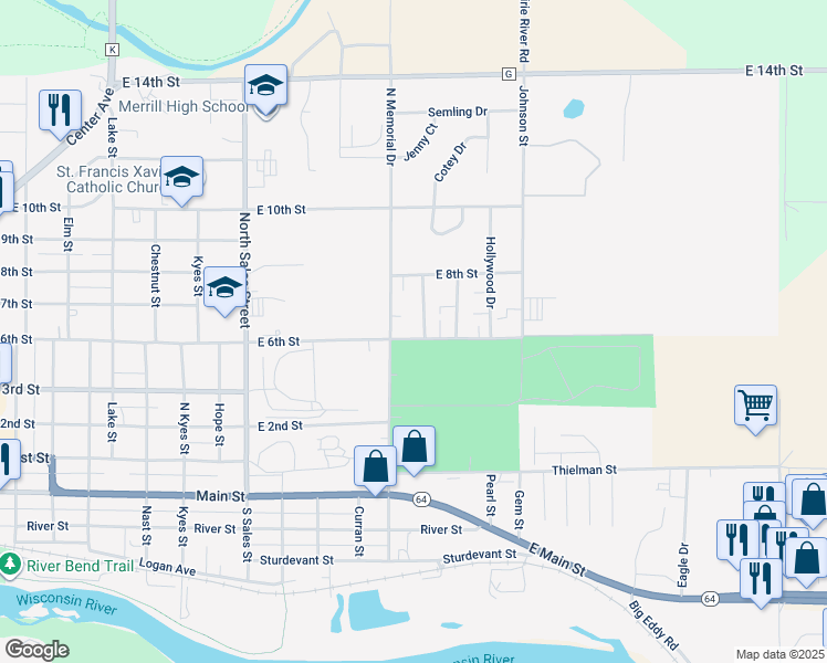 map of restaurants, bars, coffee shops, grocery stores, and more near 310 North Memorial Drive in Merrill