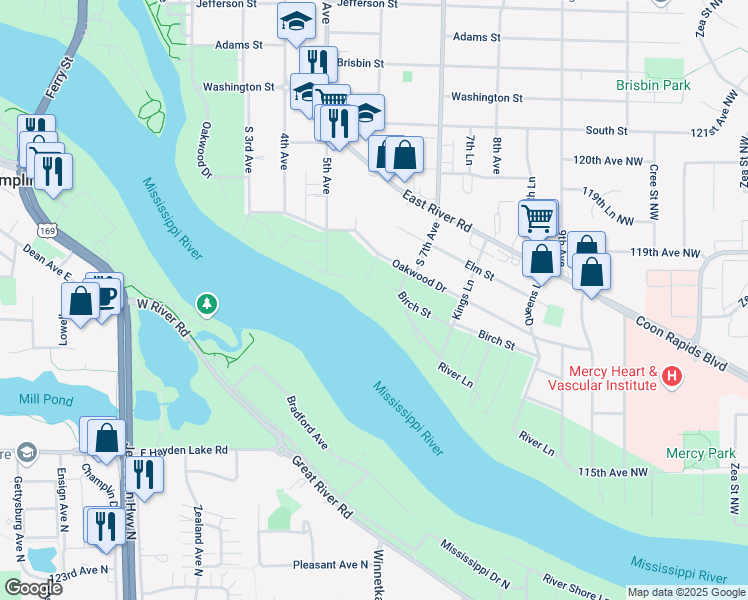 map of restaurants, bars, coffee shops, grocery stores, and more near 700 Birch Street in Anoka