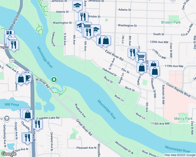 map of restaurants, bars, coffee shops, grocery stores, and more near 700 Birch Street in Anoka