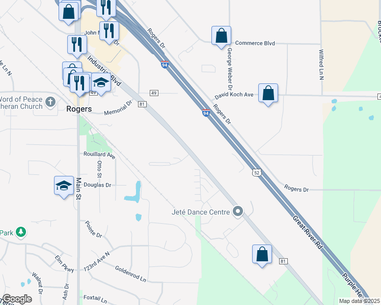 map of restaurants, bars, coffee shops, grocery stores, and more near 20805 County Road 81 in Rogers