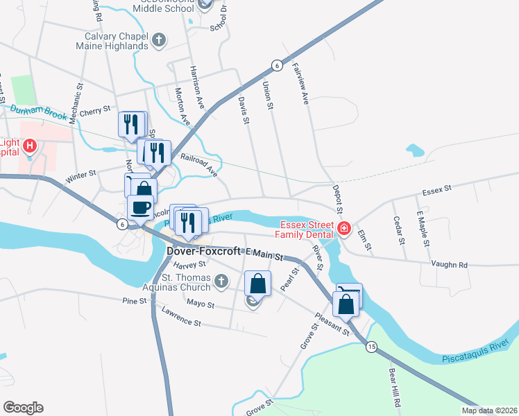 map of restaurants, bars, coffee shops, grocery stores, and more near 58 River Street in Dover-Foxcroft