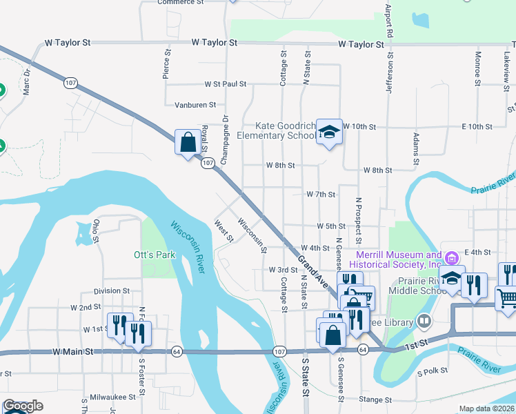 map of restaurants, bars, coffee shops, grocery stores, and more near 601 Wisconsin Street in Merrill