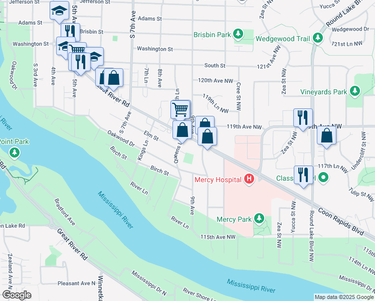 map of restaurants, bars, coffee shops, grocery stores, and more near 1154 Queens Lane in Anoka