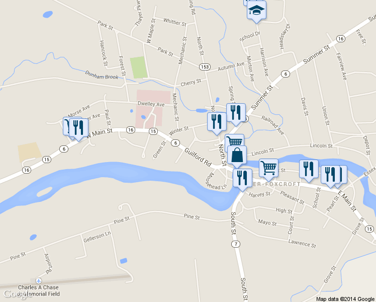 map of restaurants, bars, coffee shops, grocery stores, and more near 832 West Main Street in Dover-Foxcroft
