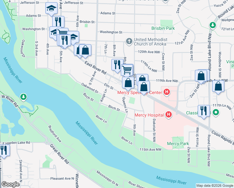 map of restaurants, bars, coffee shops, grocery stores, and more near 813 Elm Street in Anoka