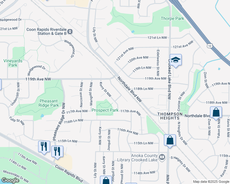 map of restaurants, bars, coffee shops, grocery stores, and more near 11799 Jonquil Street Northwest in Coon Rapids