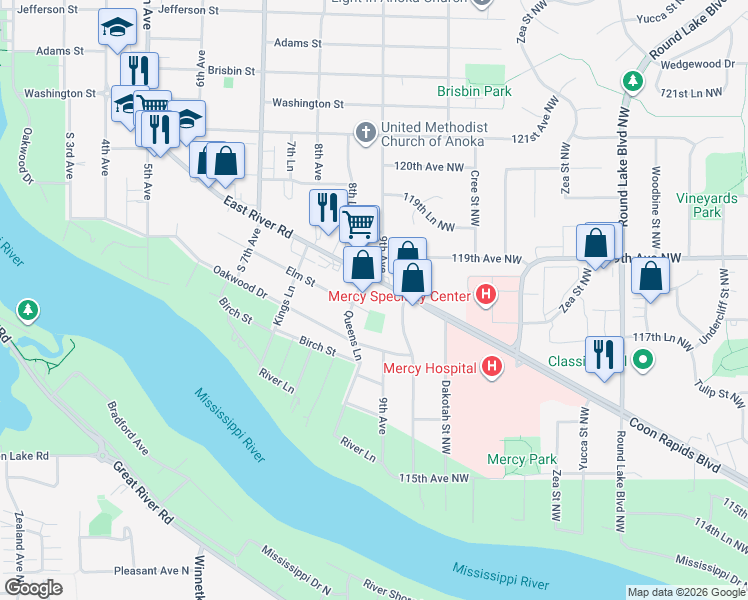 map of restaurants, bars, coffee shops, grocery stores, and more near 4167 Coon Rapids Boulevard Northwest in Coon Rapids