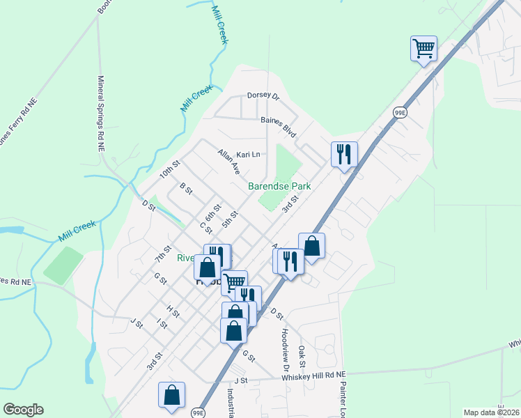 map of restaurants, bars, coffee shops, grocery stores, and more near 4019 3rd Street in Hubbard