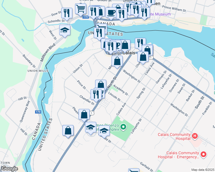 map of restaurants, bars, coffee shops, grocery stores, and more near 73 North Street in Calais