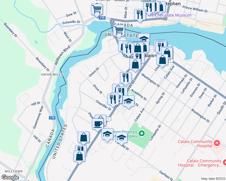 map of restaurants, bars, coffee shops, grocery stores, and more near 15 Carver Street in Calais