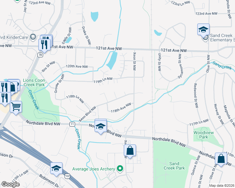 map of restaurants, bars, coffee shops, grocery stores, and more near 11868 Yellow Pine Street Northwest in Minneapolis