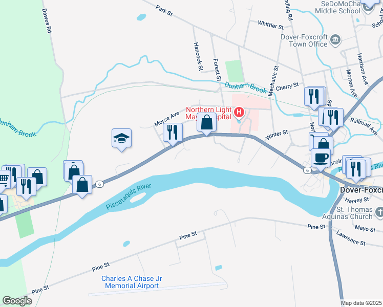 map of restaurants, bars, coffee shops, grocery stores, and more near 930 West Main Street in Dover-Foxcroft