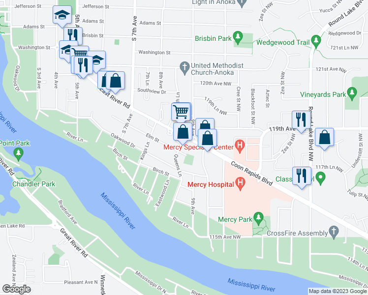 map of restaurants, bars, coffee shops, grocery stores, and more near 846 East River Road in Anoka