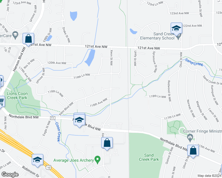 map of restaurants, bars, coffee shops, grocery stores, and more near 11870 Xeon Street Northwest in Coon Rapids