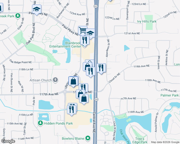 map of restaurants, bars, coffee shops, grocery stores, and more near 11855 Ulysses Street Northeast in Blaine