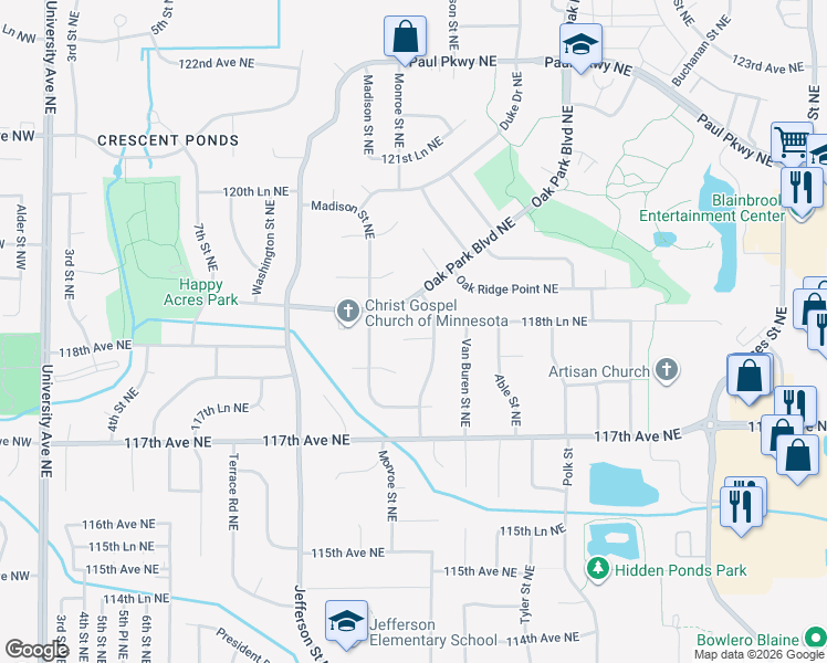 map of restaurants, bars, coffee shops, grocery stores, and more near 11830 Monroe Circle Northeast in Blaine