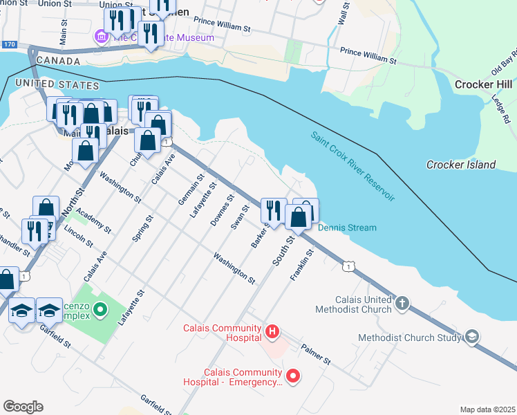 map of restaurants, bars, coffee shops, grocery stores, and more near 277 Main Street in Calais