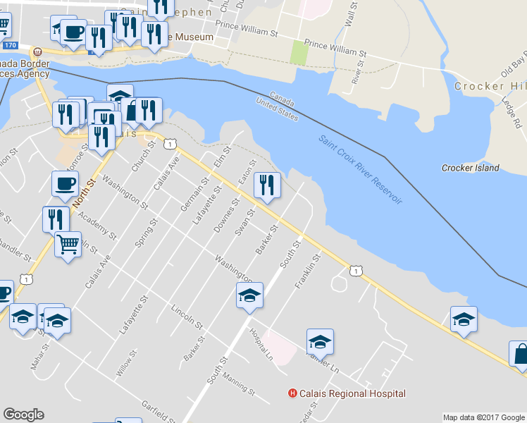 map of restaurants, bars, coffee shops, grocery stores, and more near 277 Main Street in Calais