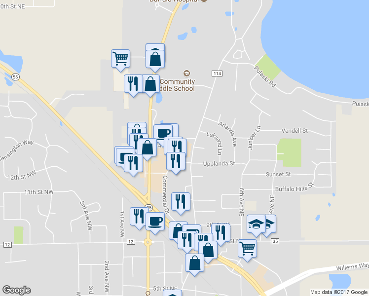 map of restaurants, bars, coffee shops, grocery stores, and more near 102 14th Street Northeast in Buffalo
