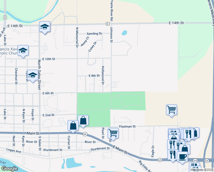 map of restaurants, bars, coffee shops, grocery stores, and more near 604 Johnson Street in Merrill