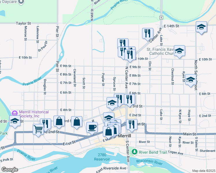 map of restaurants, bars, coffee shops, grocery stores, and more near 611 Poplar Street in Merrill