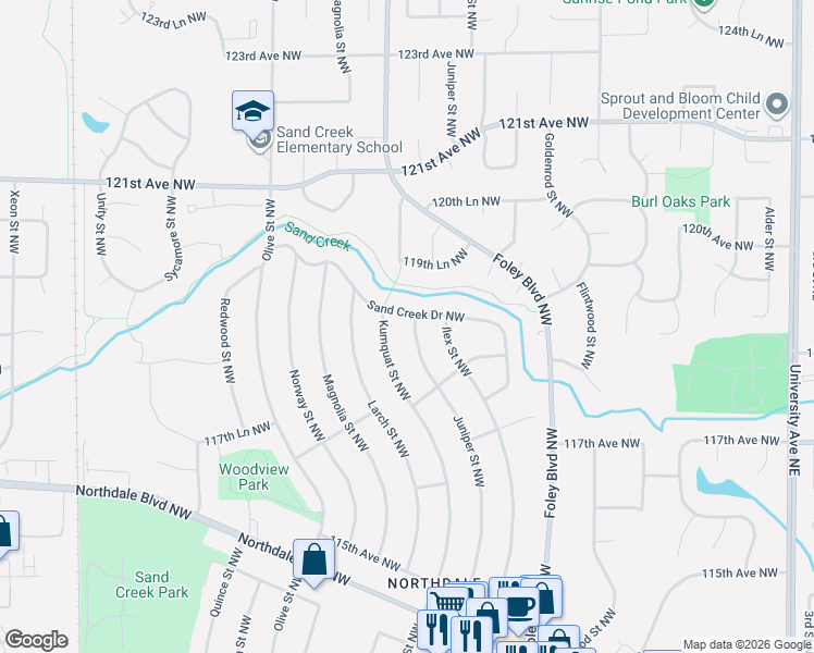 map of restaurants, bars, coffee shops, grocery stores, and more near 11897 Kumquat Street Northwest in Minneapolis