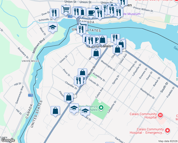 map of restaurants, bars, coffee shops, grocery stores, and more near 119 Calais Avenue in Calais