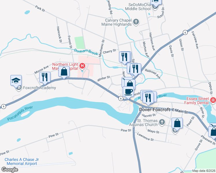 map of restaurants, bars, coffee shops, grocery stores, and more near 851 West Main Street in Dover-Foxcroft