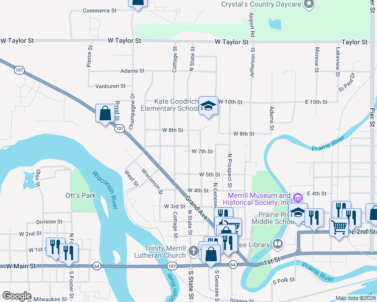 map of restaurants, bars, coffee shops, grocery stores, and more near 620 North State Street in Merrill