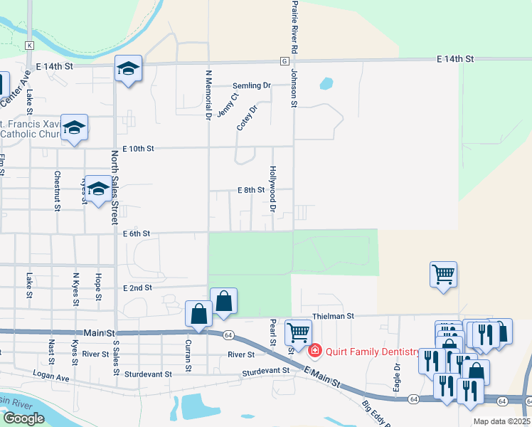 map of restaurants, bars, coffee shops, grocery stores, and more near 600 Hollywood Drive in Merrill