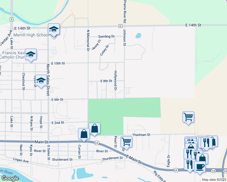 map of restaurants, bars, coffee shops, grocery stores, and more near 600 Hollywood Drive in Merrill