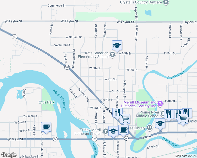 map of restaurants, bars, coffee shops, grocery stores, and more near 618 Cottage Street in Merrill