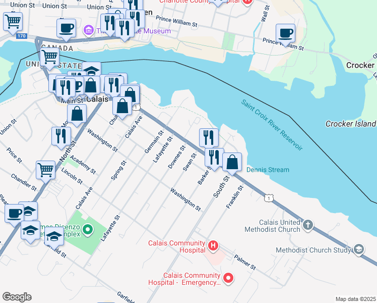 map of restaurants, bars, coffee shops, grocery stores, and more near 581 Main Street in Calais