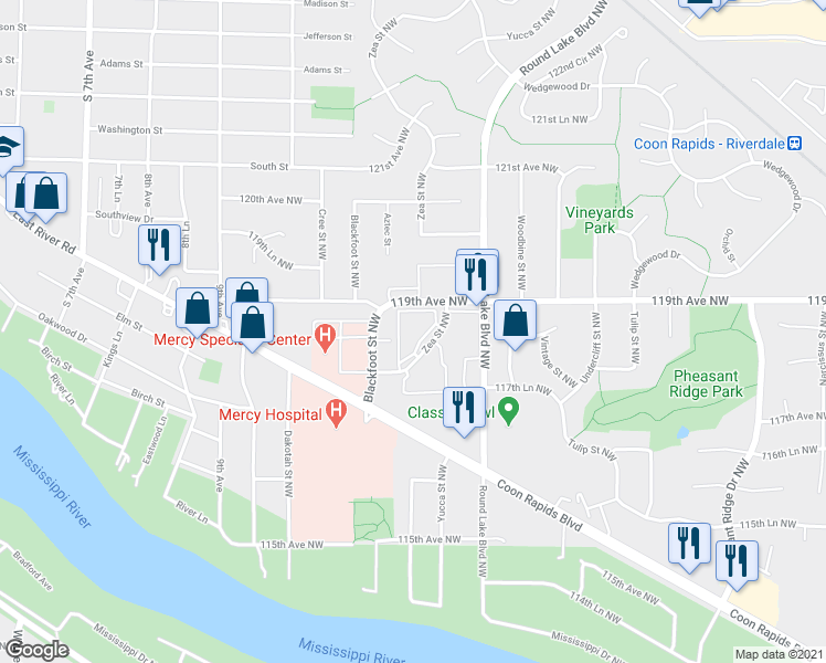 map of restaurants, bars, coffee shops, grocery stores, and more near 11850 Zea Street Northwest in Minneapolis