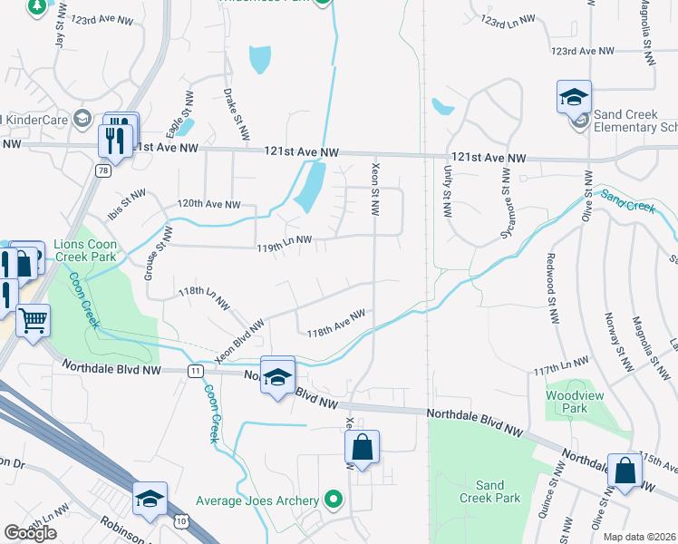 map of restaurants, bars, coffee shops, grocery stores, and more near 11868 Yellow Pine Street Northwest in Minneapolis