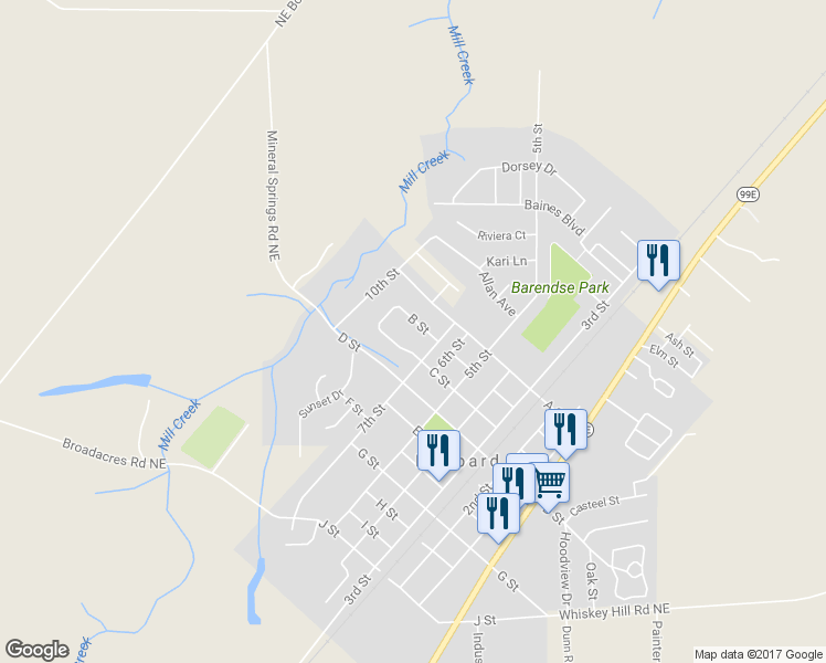 map of restaurants, bars, coffee shops, grocery stores, and more near 2296 B Street in Hubbard