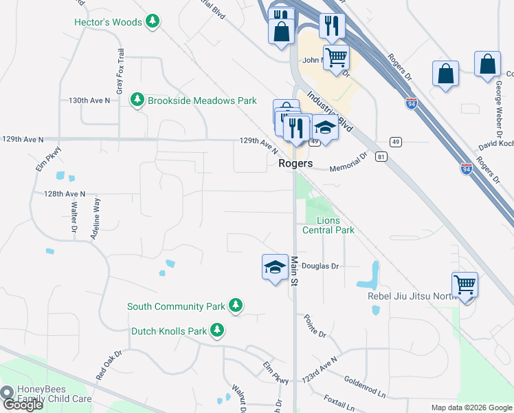 map of restaurants, bars, coffee shops, grocery stores, and more near 21604 Ahlstrom Road in Rogers