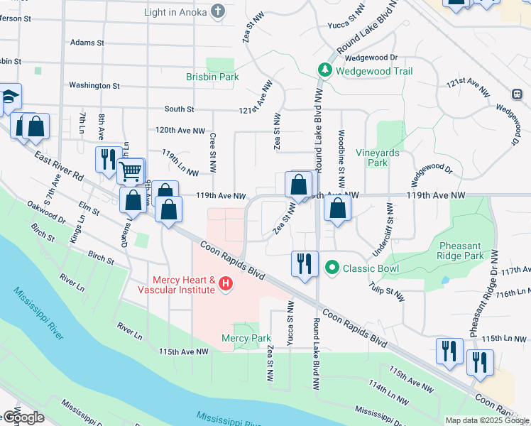 map of restaurants, bars, coffee shops, grocery stores, and more near 11850 Zea Street Northwest in Minneapolis