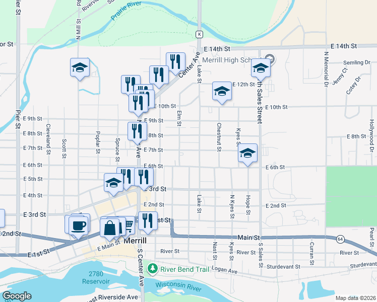 map of restaurants, bars, coffee shops, grocery stores, and more near 1404 East 7th Street in Merrill