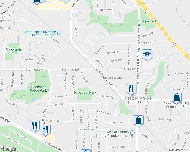 map of restaurants, bars, coffee shops, grocery stores, and more near 11799 Jonquil Street Northwest in Coon Rapids