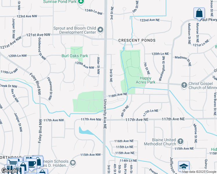 map of restaurants, bars, coffee shops, grocery stores, and more near 11824 3rd Street Northeast in Blaine