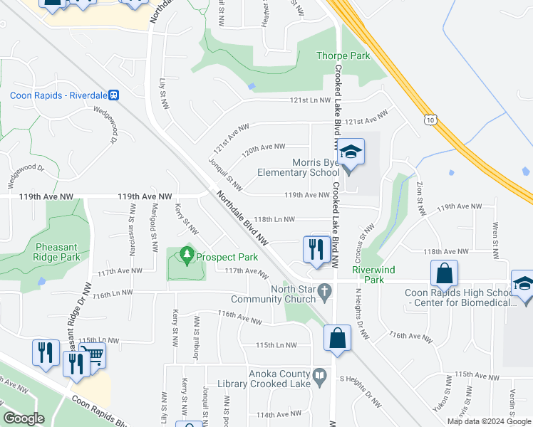map of restaurants, bars, coffee shops, grocery stores, and more near 2941 118th Lane Northwest in Coon Rapids