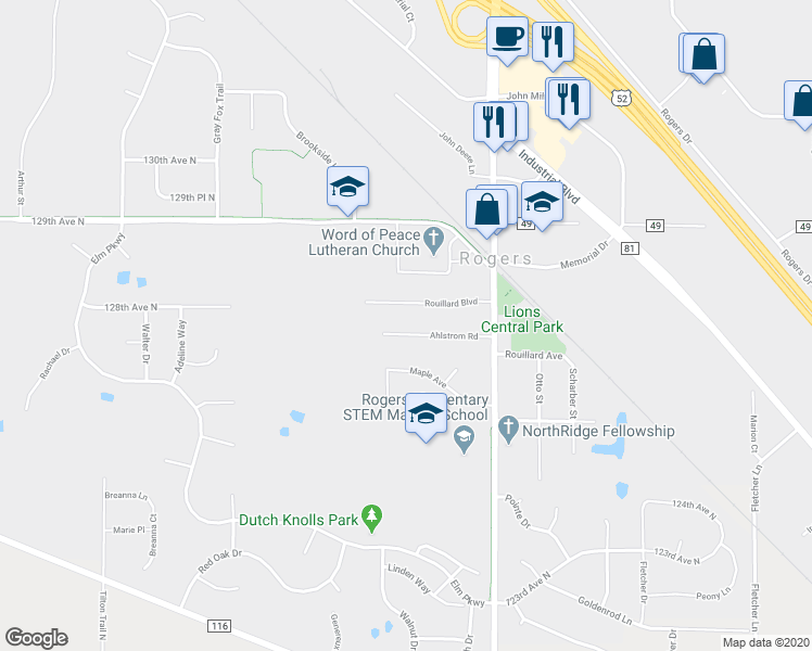 map of restaurants, bars, coffee shops, grocery stores, and more near 21704 Ahlstrom Road in Rogers