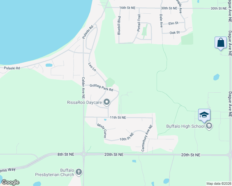 map of restaurants, bars, coffee shops, grocery stores, and more near 1121 Bluebill Boulevard in Buffalo