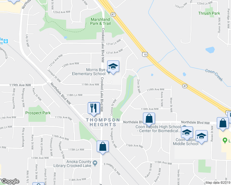 map of restaurants, bars, coffee shops, grocery stores, and more near 2708 119th Avenue Northwest in Coon Rapids