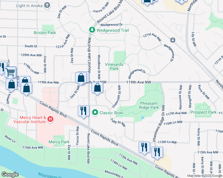 map of restaurants, bars, coffee shops, grocery stores, and more near 3668 118th Lane Northwest in Coon Rapids