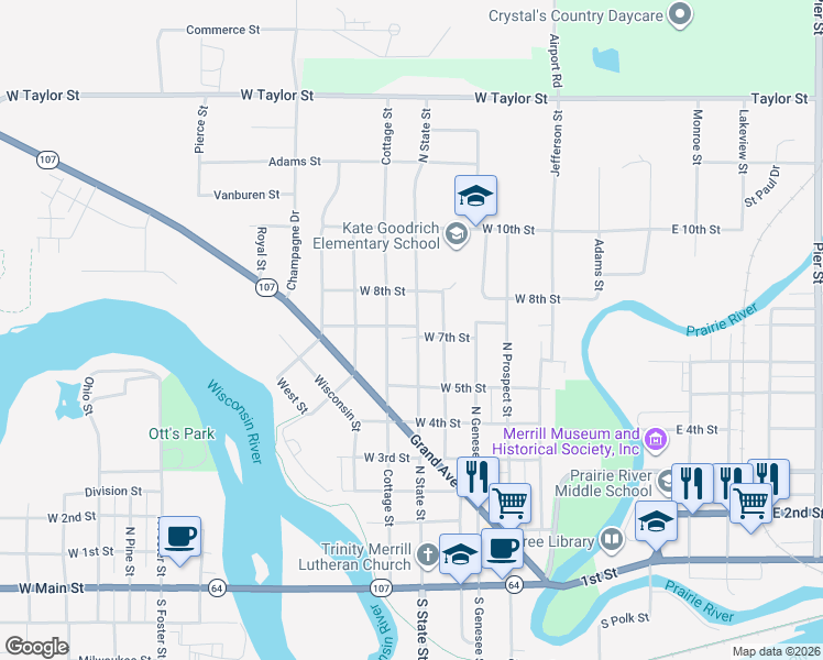 map of restaurants, bars, coffee shops, grocery stores, and more near 620 North State Street in Merrill